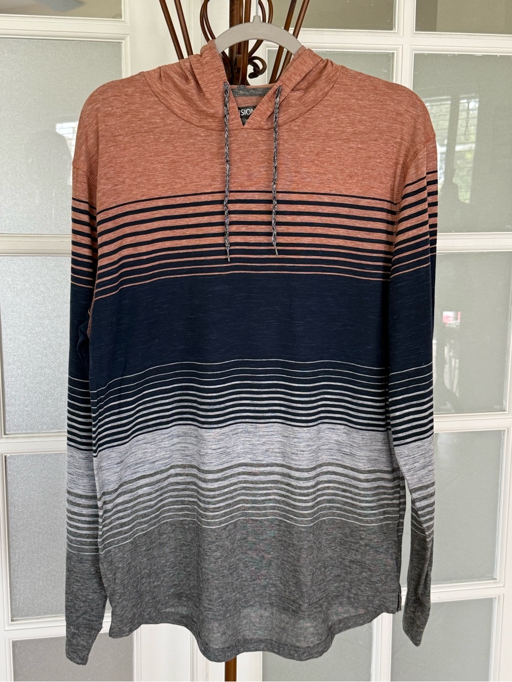 Division Striped Lightweight Hooded Pullover Top XL Rust Navy Gray